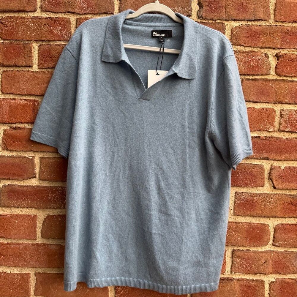 The Commons Johnny Collar Short Sleeve Cashmere Polo Sweater Blue Men's XL NEW